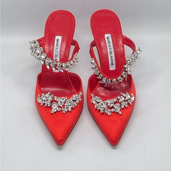 Manolo Blahnik Lurum 90MM Embellished Satin Mules size 37.5 - Picture 4 of 16